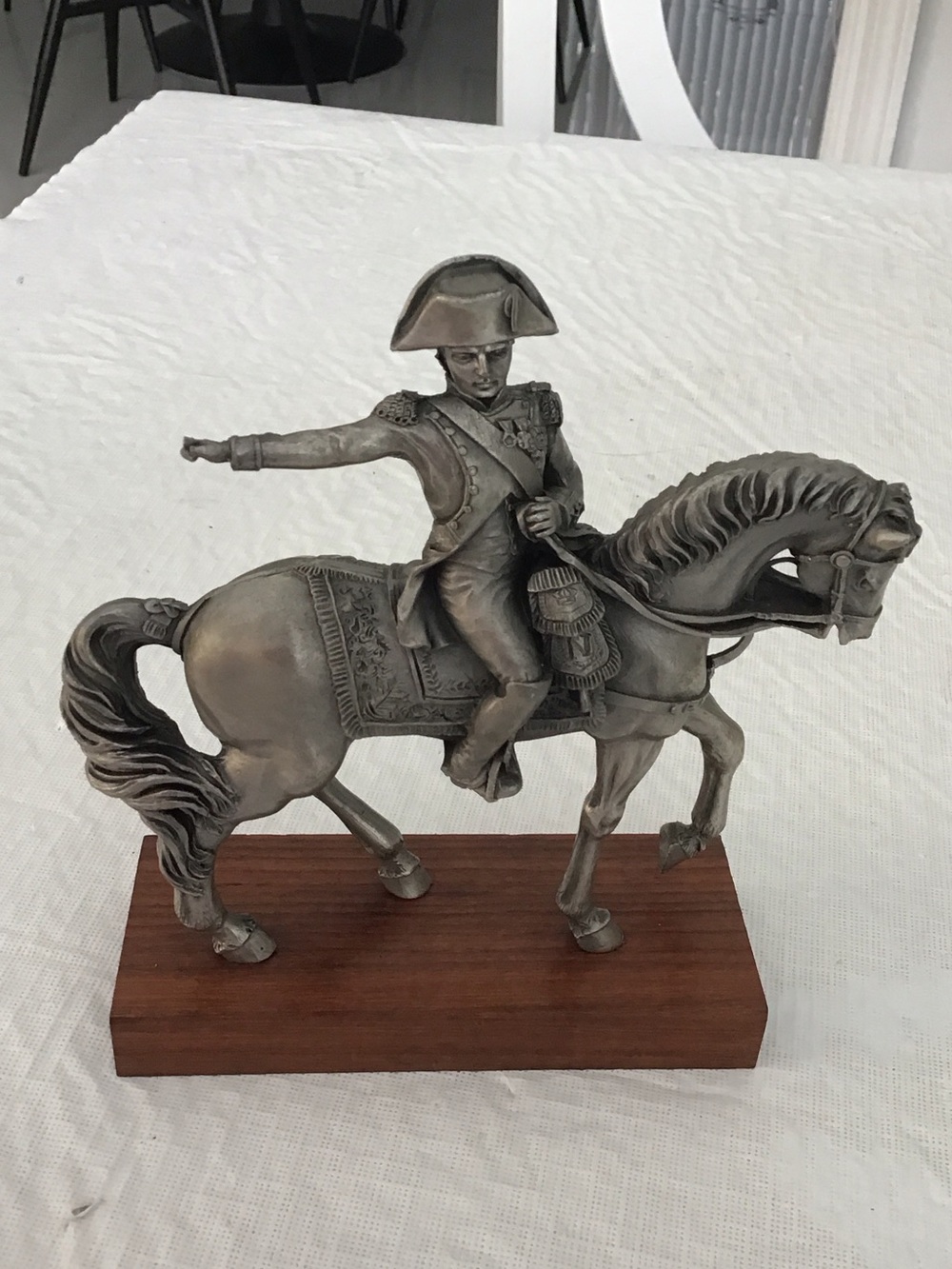 Vintage Silver-Tone Metal Napoleon Statue on Wood Base  #82